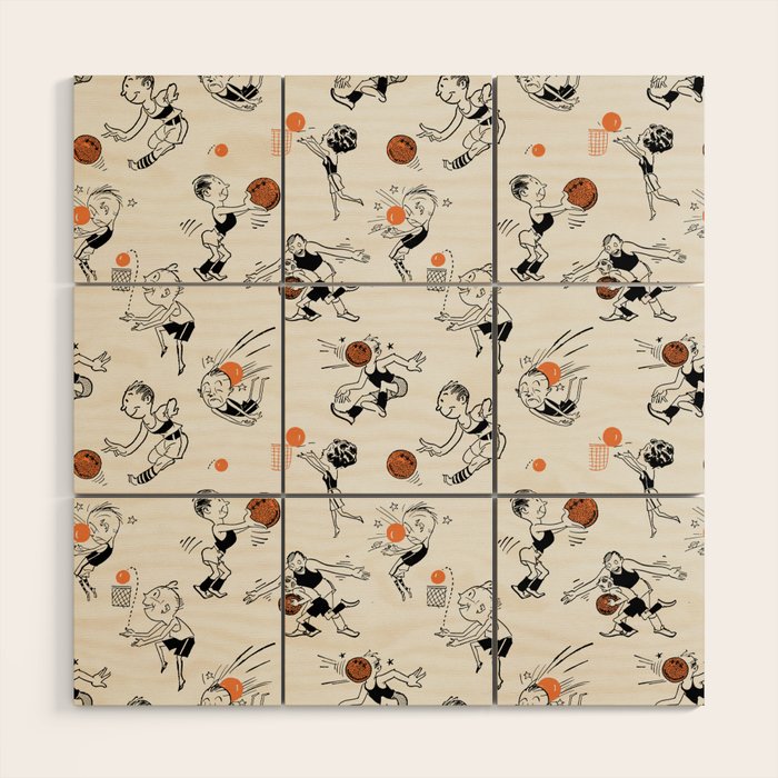 Basketball Fun Comic Illustration Pattern with Balls on Grey Background Wood Wall Art Gallery Image 1