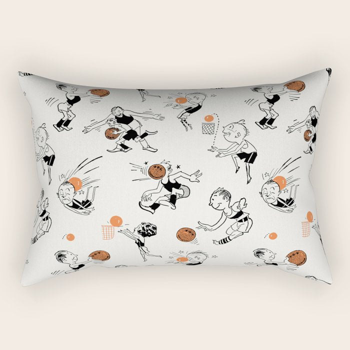 Basketball Fun Comic Illustration Pattern with Balls on Grey Background Rectangular Pillow Gallery Image 1