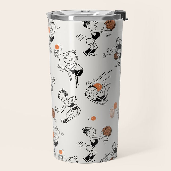 Basketball Fun Comic Illustration Pattern with Balls on Grey Background Travel Mug Gallery Image 2