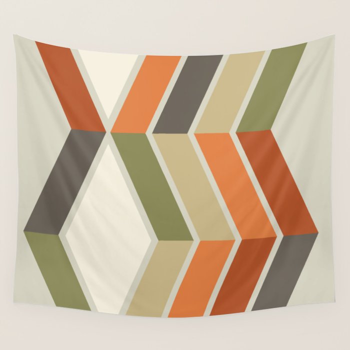 Mid Century Modern Diagonal Stripes Green Orange Wall Tapestry Gallery Image 1