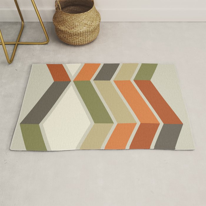 Mid Century Modern Diagonal Stripes Green Orange Rug Gallery Image 1