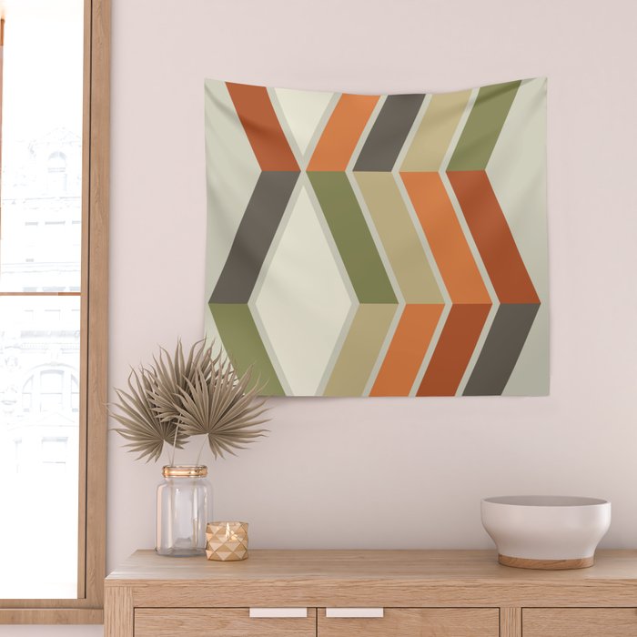 Mid Century Modern Diagonal Stripes Green Orange Wall Tapestry Gallery Image 2