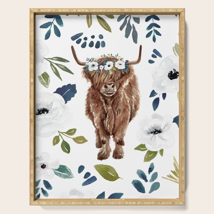 Highland Cow, Highland Cows with Flowers, Flower Crown, Floral Print, Watercolor Serving Tray Gallery Image 1