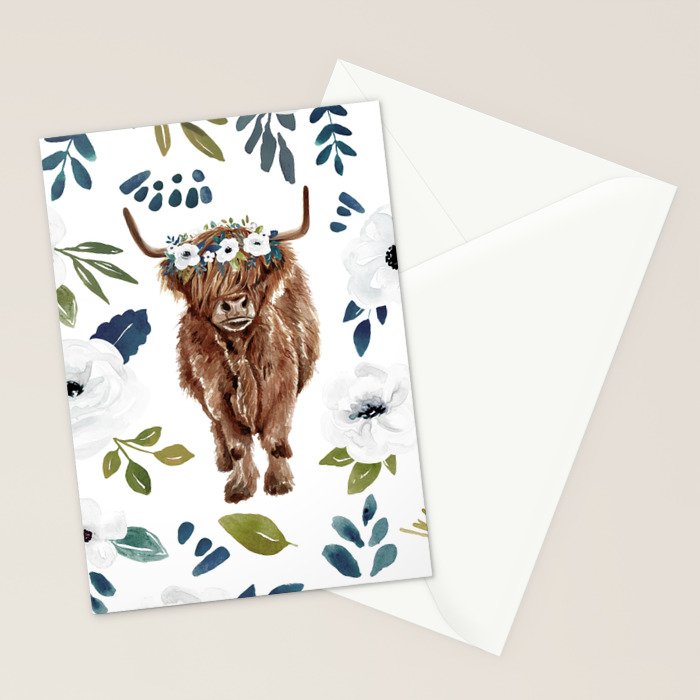 Highland Cow, Highland Cows with Flowers, Flower Crown, Floral Print, Watercolor Stationery Card Gallery Image 2