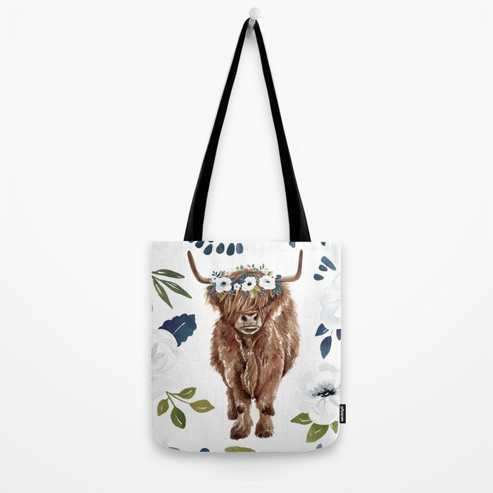 Highland Cow, Highland Cows with Flowers, Flower Crown, Floral Print, Watercolor Tote Bag Gallery Image 2