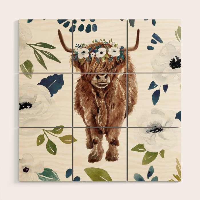Highland Cow, Highland Cows with Flowers, Flower Crown, Floral Print, Watercolor Wood Wall Art Gallery Image 1