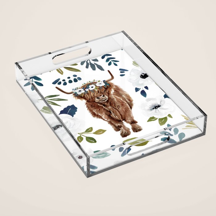 Highland Cow, Highland Cows with Flowers, Flower Crown, Floral Print, Watercolor Acrylic Tray Gallery Image 1
