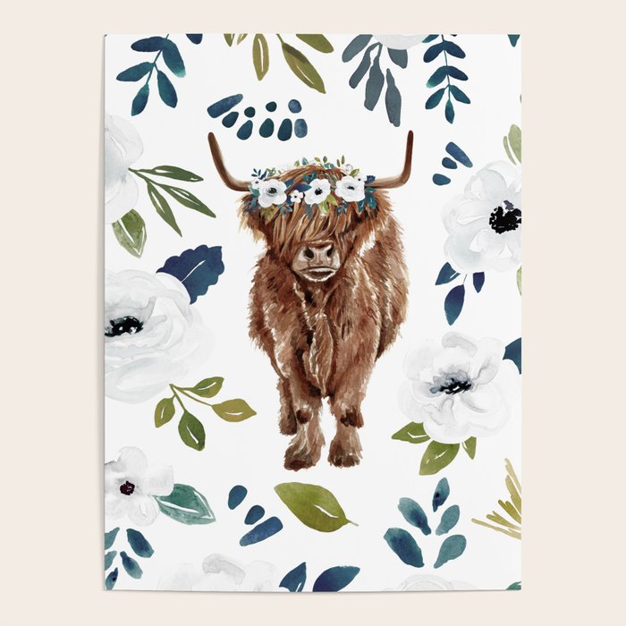 Highland Cow, Highland Cows with Flowers, Flower Crown, Floral Print, Watercolor Poster Gallery Image 4