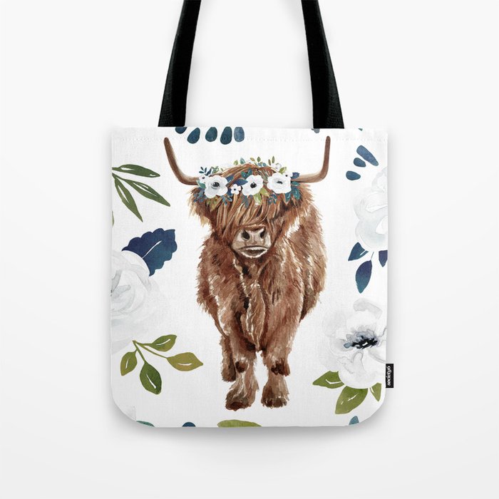Highland Cow, Highland Cows with Flowers, Flower Crown, Floral Print, Watercolor Tote Bag Gallery Image 1