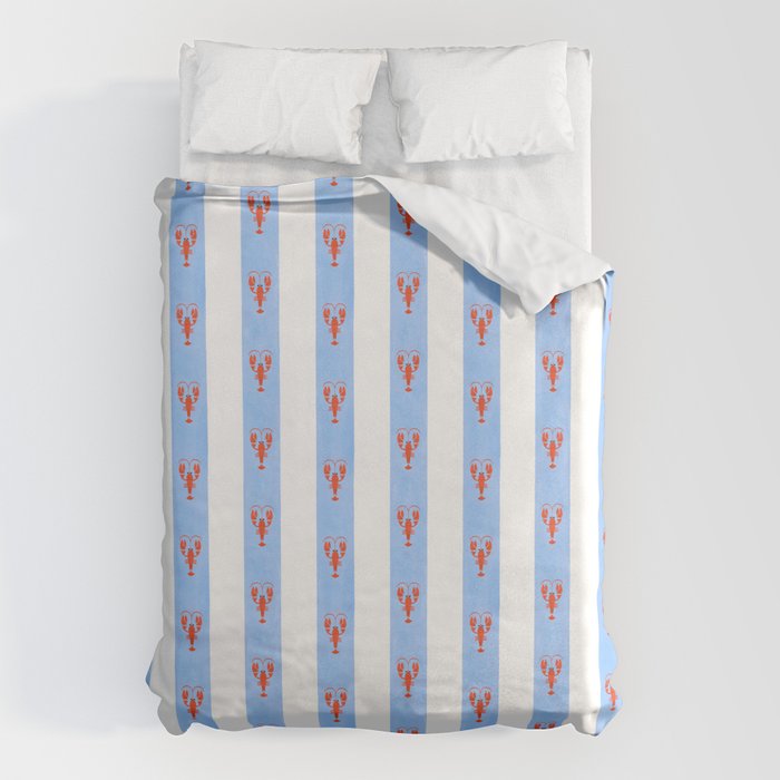 Red Lobsters On Hand-Painted Bright Blue Stripes Duvet Cover Gallery Image 1