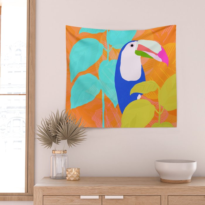 tropical toucan, orange Wall Tapestry Gallery Image 2