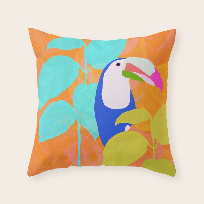 tropical toucan, orange Throw Pillow Gallery Image 1