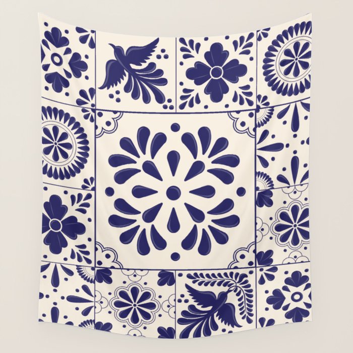 Blue Mexican Talavera Pattern by Akbaly Wall Tapestry Gallery Image 4