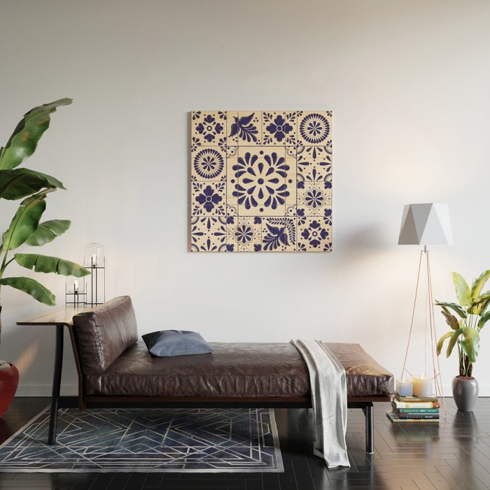 Blue Mexican Talavera Pattern by Akbaly Wood Wall Art Gallery Image 2