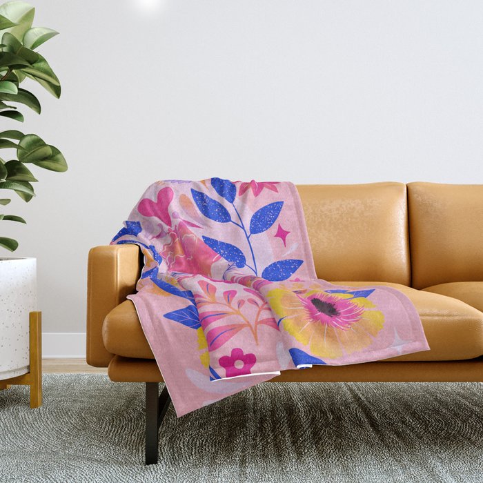 Botanical Garden Folklore in Pink Throw Blanket Gallery Image 1