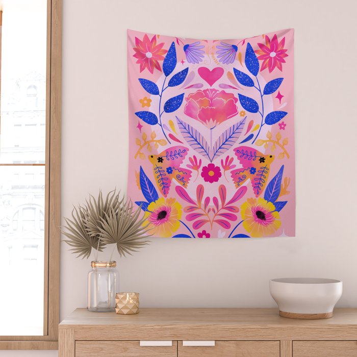 Botanical Garden Folklore in Pink Wall Tapestry Gallery Image 2