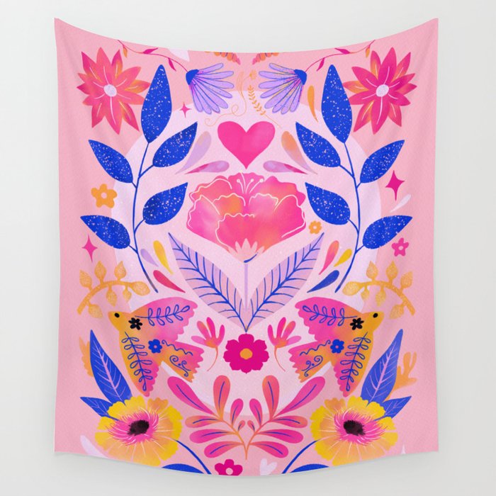 Botanical Garden Folklore in Pink Wall Tapestry