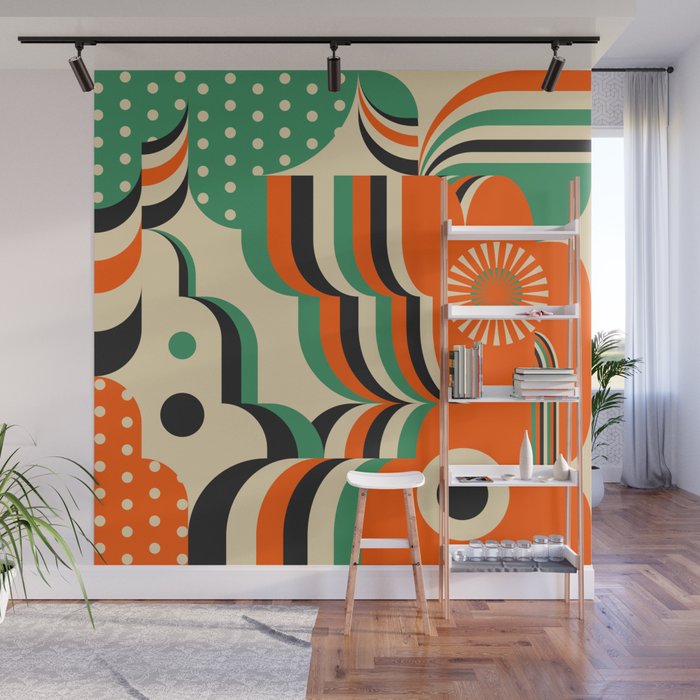 Happy Orange Green Geometric Garden Wall Mural Gallery Image 1