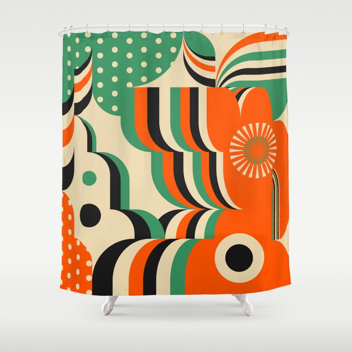 Happy Orange Green Geometric Garden Shower Curtain Gallery Image 1