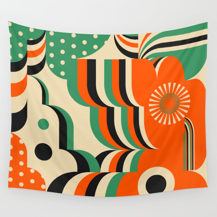 Happy Orange Green Geometric Garden Wall Tapestry Gallery Image 4