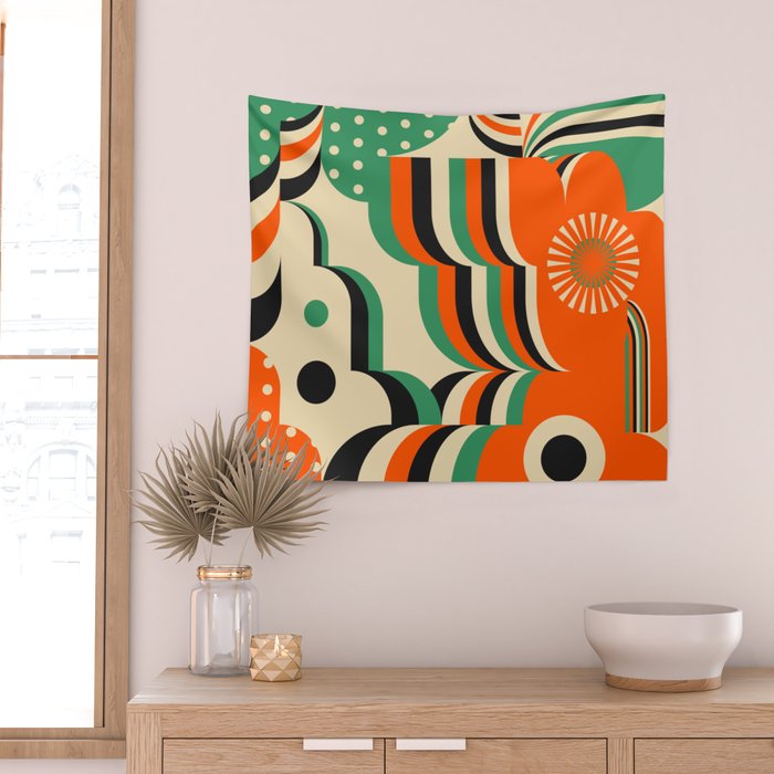 Happy Orange Green Geometric Garden Wall Tapestry Gallery Image 2
