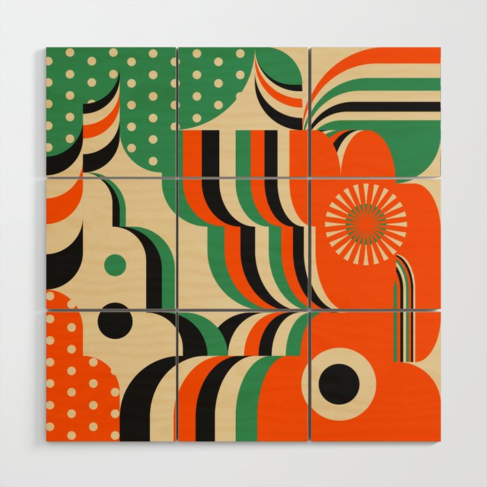 Happy Orange Green Geometric Garden Wood Wall Art Gallery Image 1
