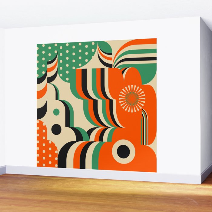 Happy Orange Green Geometric Garden Wall Mural Gallery Image 2