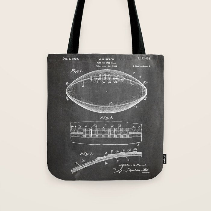 Football Patent - American Football Art - Black Chalkboard Tote Bag Gallery Image 1