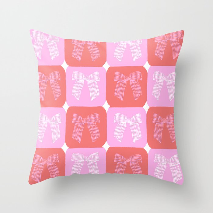 Checkerboard Bows in Pink and Red Throw Pillow Gallery Image 1