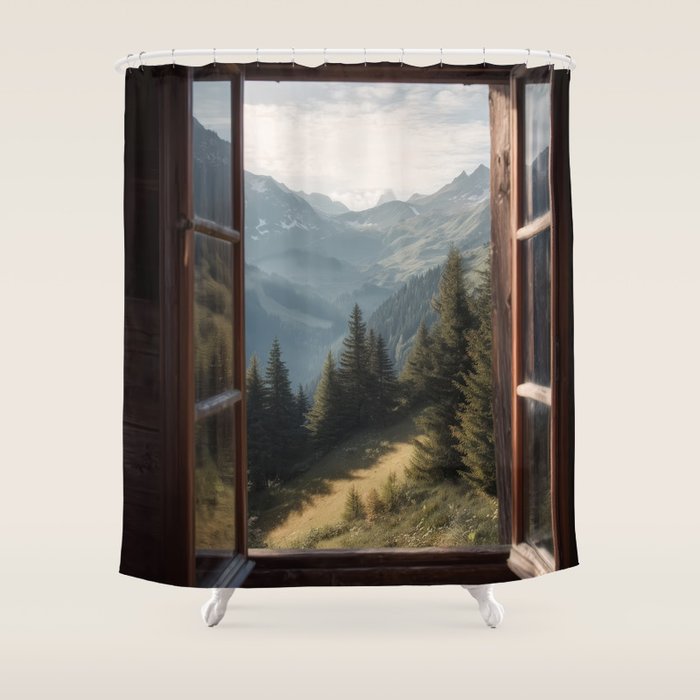 Where the Pines Begin - Alpine Landscape Print Shower Curtain Gallery Image 1
