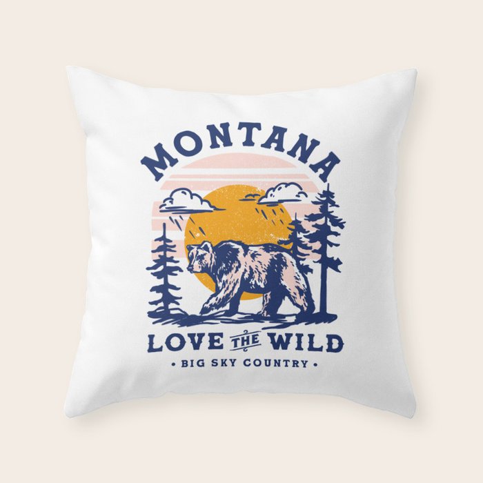 Big Sky Country Montana: Love The Wild. Cool Retro Travel Art Featuring A Bear Throw Pillow Gallery Image 1