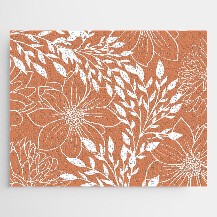 Floral Prints and Leaves, Line Art, Terracotta Jigsaw Puzzle Gallery Image 1