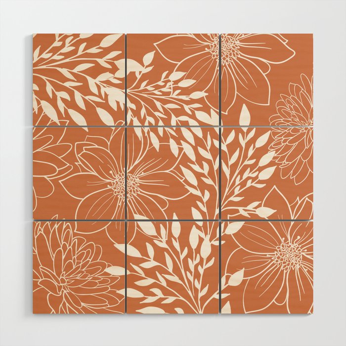 Floral Prints and Leaves, Line Art, Terracotta Wood Wall Art Gallery Image 1