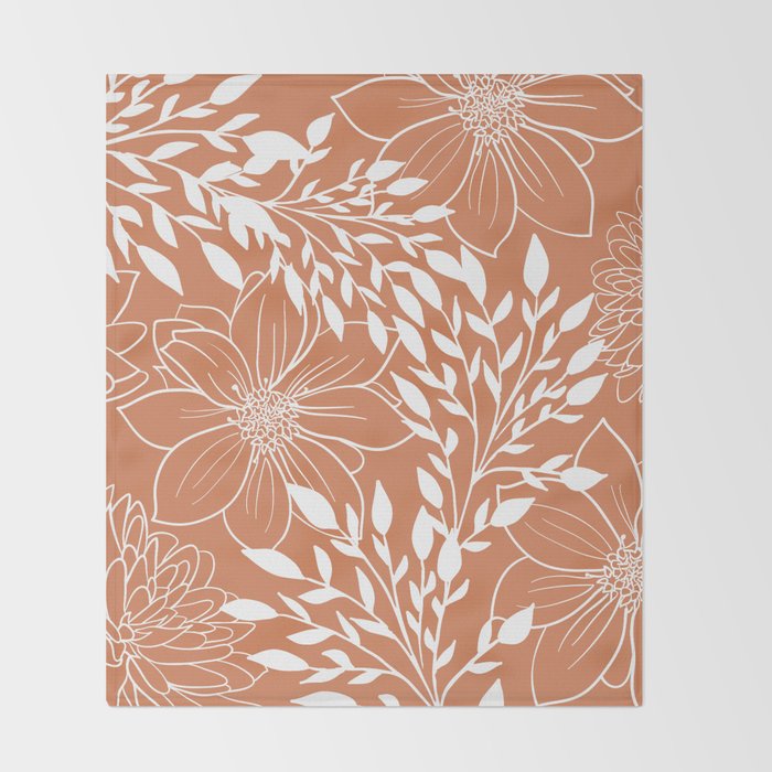 Floral Prints and Leaves, Line Art, Terracotta Throw Blanket Gallery Image 2