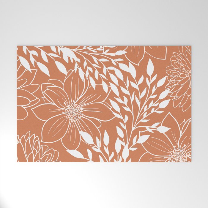 Floral Prints and Leaves, Line Art, Terracotta Welcome Mat Gallery Image 1