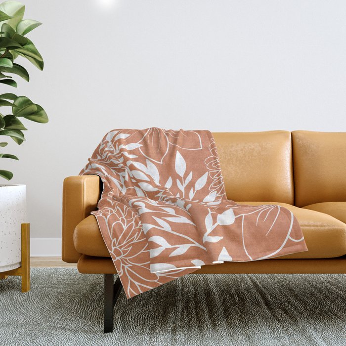 Floral Prints and Leaves, Line Art, Terracotta Throw Blanket Gallery Image 1