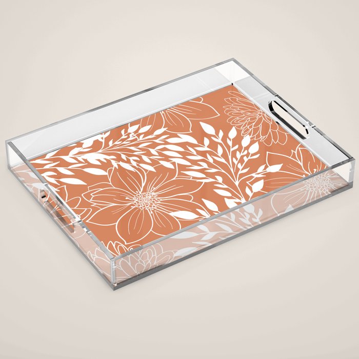 Floral Prints and Leaves, Line Art, Terracotta Acrylic Tray Gallery Image 1
