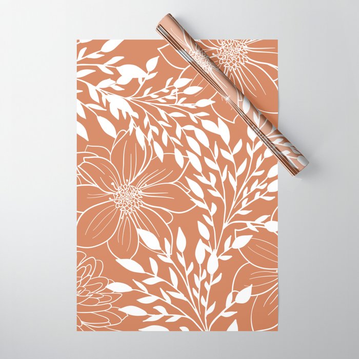 Floral Prints and Leaves, Line Art, Terracotta Wrapping Paper Gallery Image 1