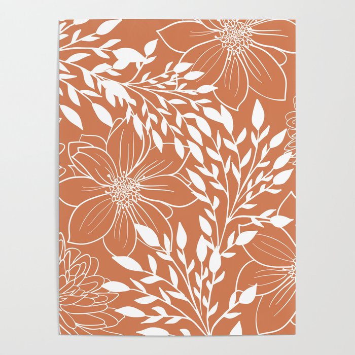 Floral Prints and Leaves, Line Art, Terracotta Poster Gallery Image 1