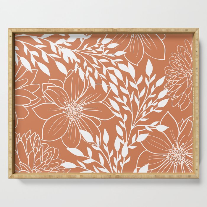 Floral Prints and Leaves, Line Art, Terracotta Serving Tray Gallery Image 1