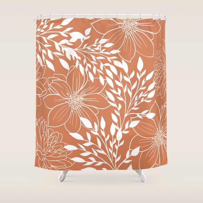 Floral Prints and Leaves, Line Art, Terracotta Shower Curtain Gallery Image 1
