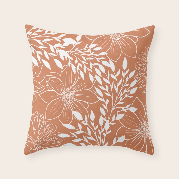 Floral Prints and Leaves, Line Art, Terracotta Throw Pillow Gallery Image 1