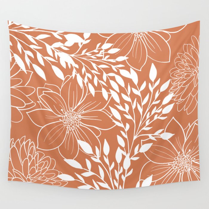 Floral Prints and Leaves, Line Art, Terracotta Wall Tapestry Gallery Image 4