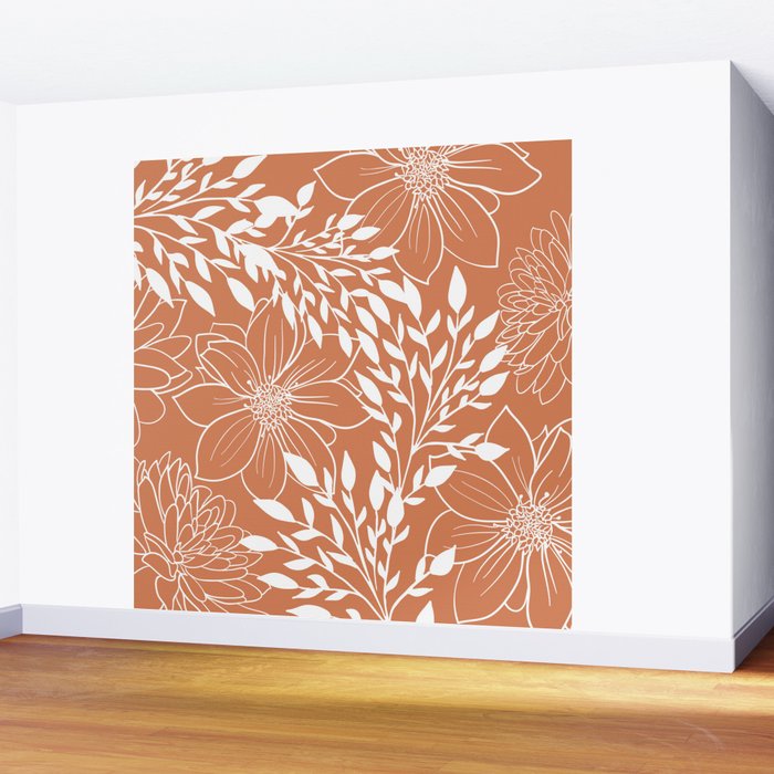Floral Prints and Leaves, Line Art, Terracotta Wall Mural Gallery Image 2