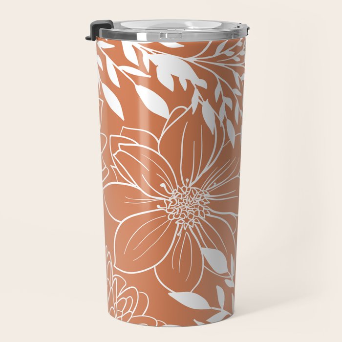 Floral Prints and Leaves, Line Art, Terracotta Travel Mug Gallery Image 3