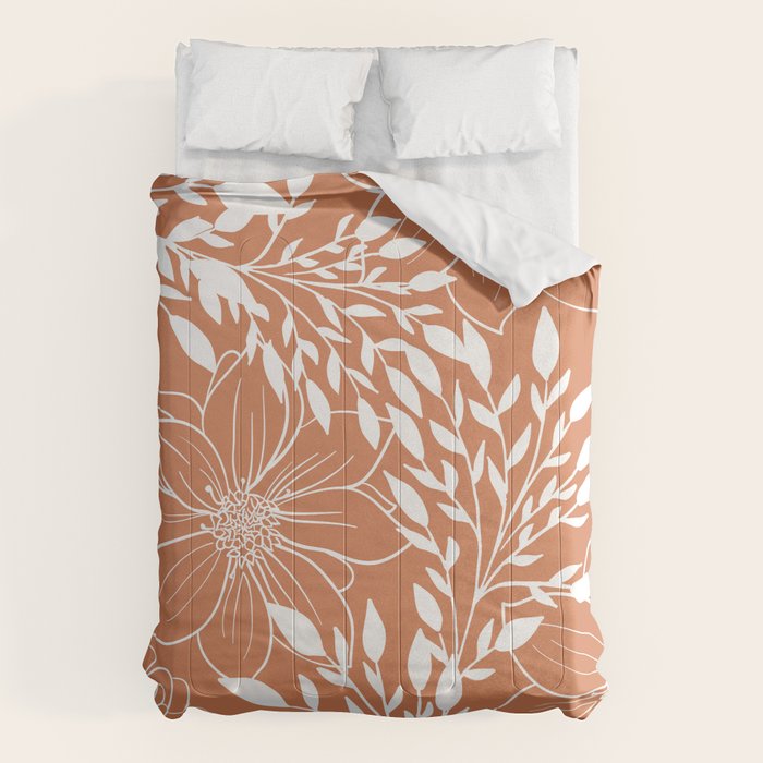 Floral Prints and Leaves, Line Art, Terracotta Comforter Gallery Image 1