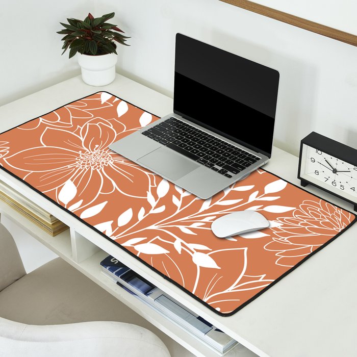 Floral Prints and Leaves, Line Art, Terracotta Desk Mat Gallery Image 2