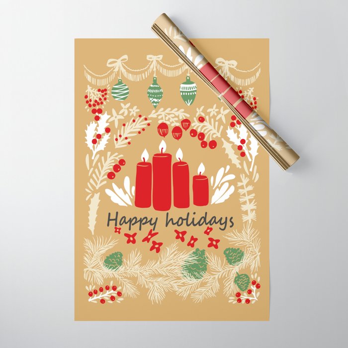 happy holidays christmas greetings - folk art illustration Wrapping Paper Gallery Image 1