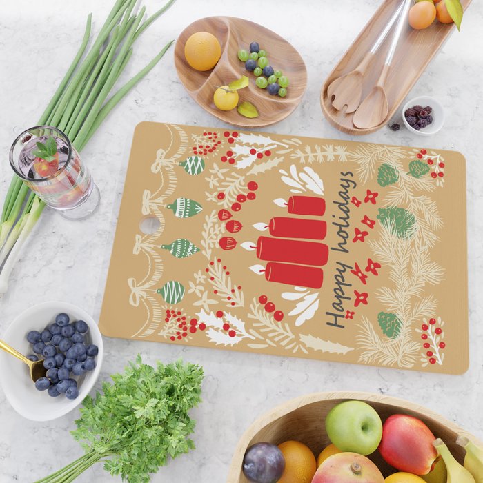 happy holidays christmas greetings - folk art illustration Cutting Board Gallery Image 2