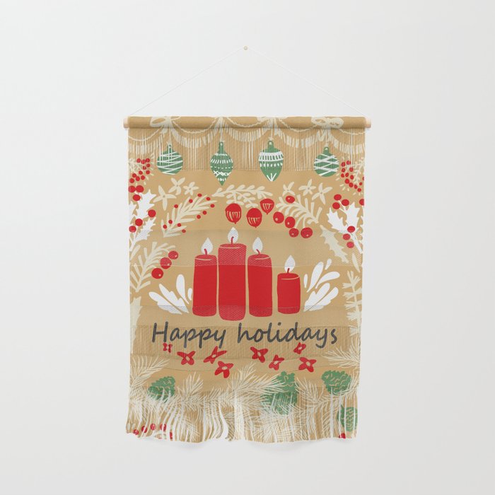 happy holidays christmas greetings - folk art illustration Wall Hanging Gallery Image 1
